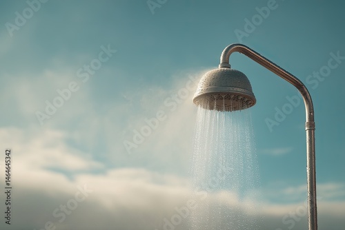 Outdoor shower head spraying water against a partly cloudy sky.  Steam rising from the shower