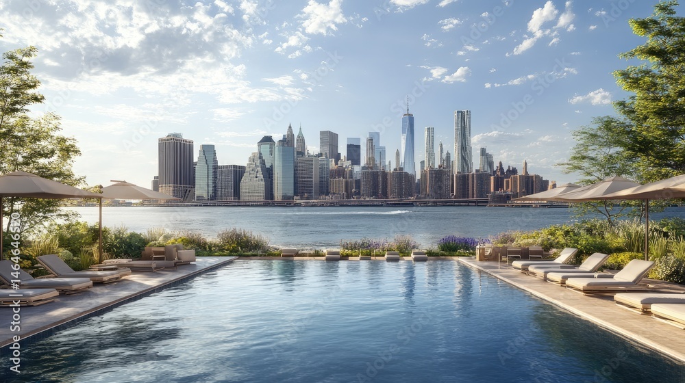 Fototapeta premium Rooftop infinity pool overlooking city skyline with lounge chairs, umbrellas, and modern design features