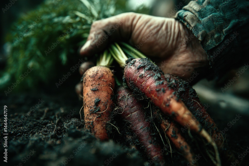 Gloved hand holds freshly harvested carrots covered in soil, organic vegetable produce grown on agriculture farm close up Gloved hand holds freshly harvested carrots covered in soil, organic vegetable produce grown on agriculture farm close up