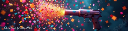 Confetti cannon exploding, colorful paper raining down , happy, awesome