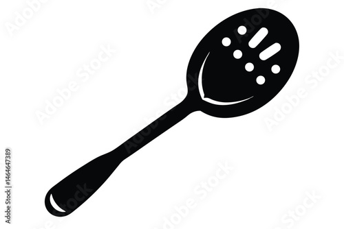Slotted kitchen spoon shows simple culinary utensil design in black over a white scene