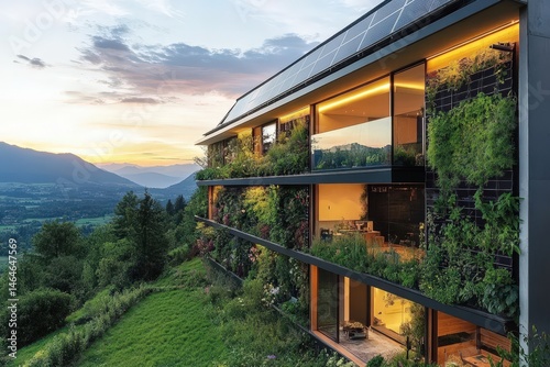 Modern eco-friendly home with expansive mountain views.
