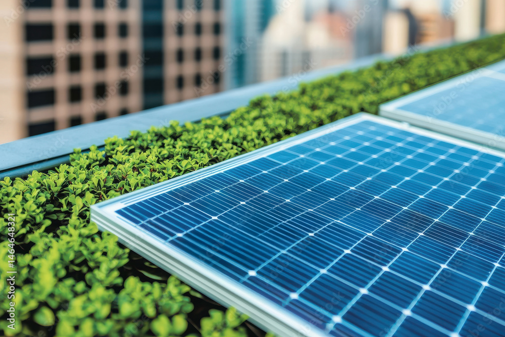 Fototapeta premium business sales sustainable Concept. Solar panels on a green rooftop amidst a cityscape background.