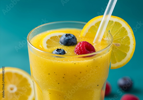 Refreshing Summer Smoothie Recipe Lemon Blueberry Raspberry Blend Healthy Detox Drink photo