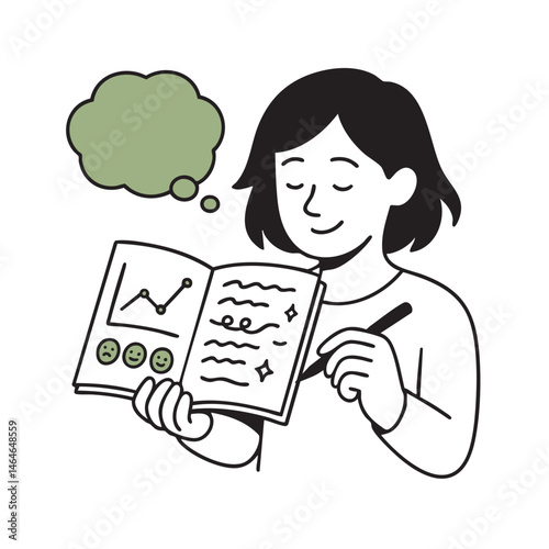 Woman reviewing mood journal with charts and positive expression, self awareness routine