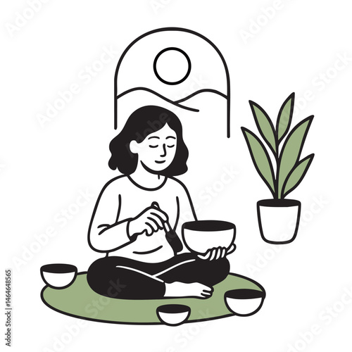 Home meditation with mat and plant, quiet personal space for mindfulness