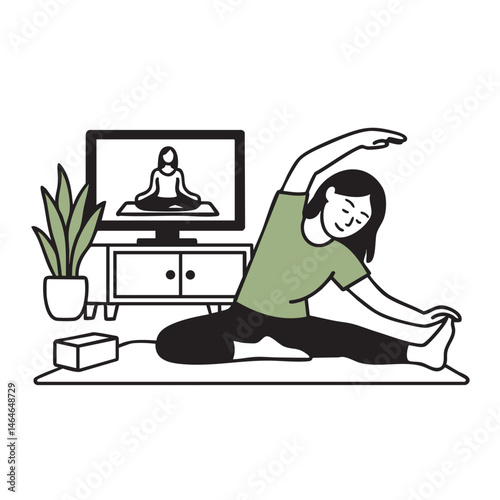 Woman stretching in front of online yoga class at home