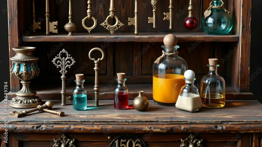 A wooden cabinet displays ornate vintage keys, glass potion bottles filled with colorful liquids, and decorative objects, evoking a magical or alchemical feel.