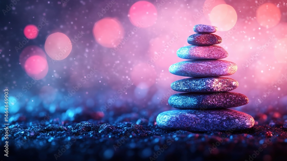 Obraz premium Peaceful Zen Balanced Stones Stacking on Calm Dark Ground with Soft Bright Bokeh and Glitte Sparkles in Abstract Background for Meditation and Relaxation