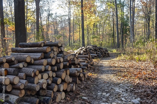 Freshly cut timber logs stacked in a forest clearing under morning light photo