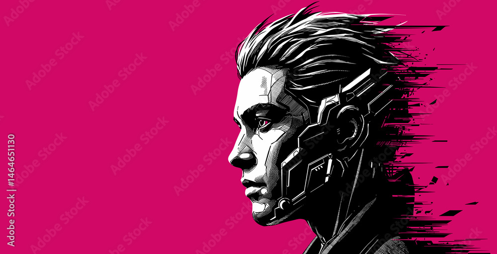 Deconstructing into obsolescence, fading away future virtual world technology replacement - isolated portrait on magenta background Deconstructing into obsolescence, fading away future virtual world technology replacement - isolated portrait on magenta background