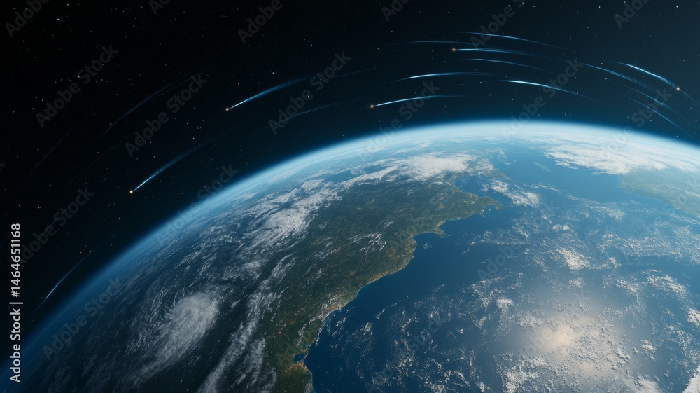 Fototapeta premium Earth viewed from space surrounded by spiraling electromagnetic radiation waves