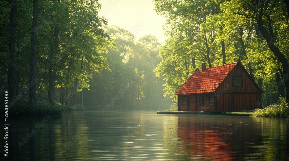 Obraz premium Tranquil cabin nestled beside a serene waterway, bathed in morning light