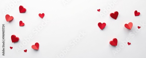 Scattered tiny red hearts on pure white backdrop, cute, adorable, small
