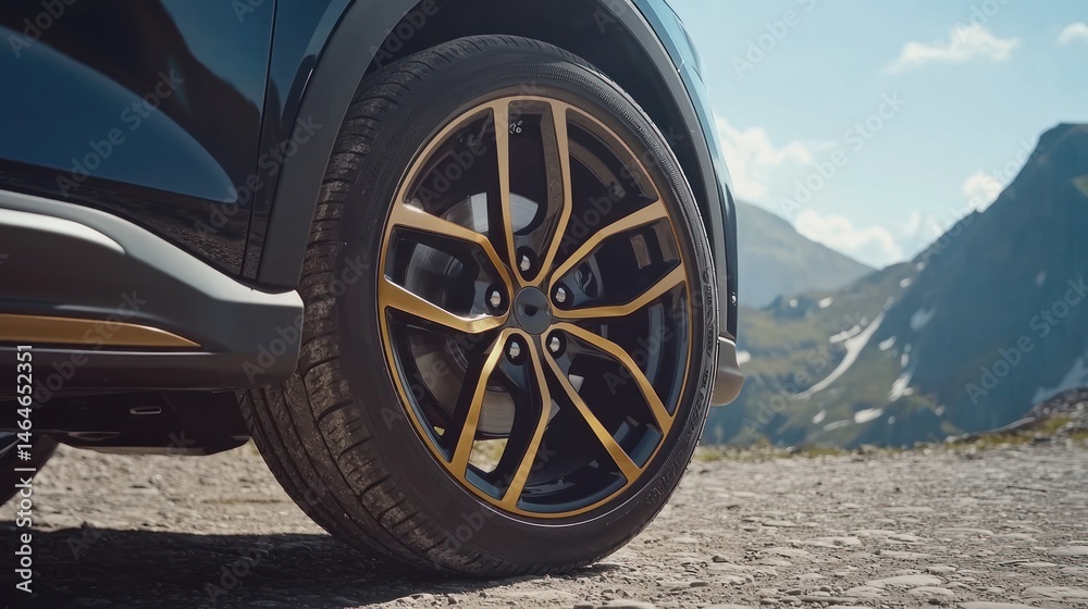 Fototapeta premium Close-up of a vehicle's wheel with mountain scenery.