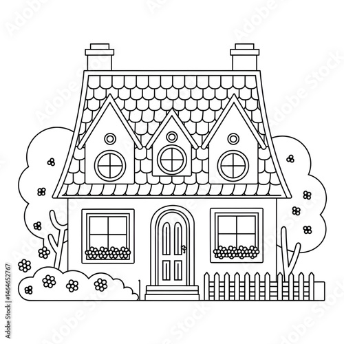 A black and white a beautiful cartoon house illustration line art of a coloring page