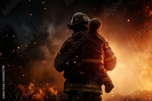 Emergency response firefighter rescuing child from building, emotional and heroic moment