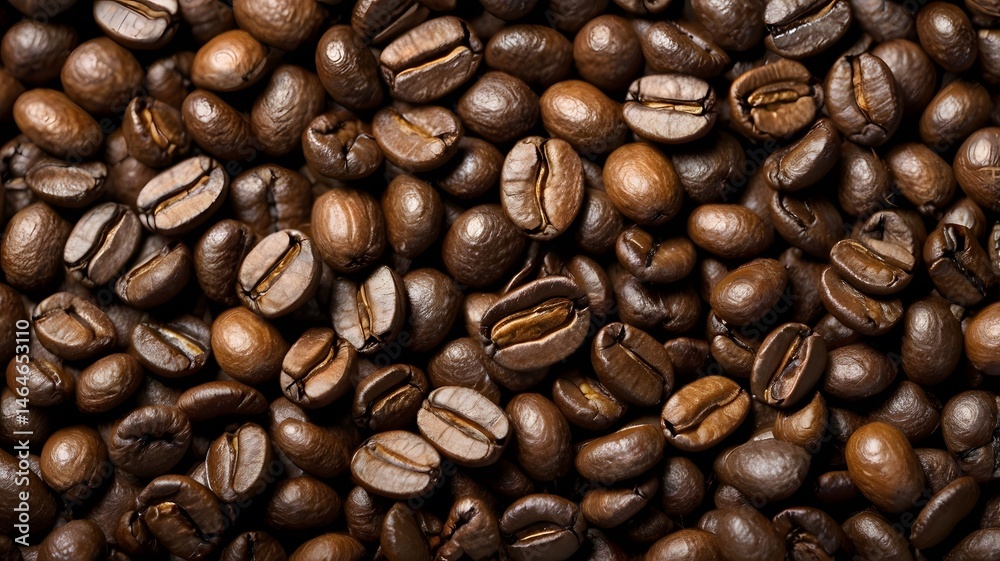 Fototapeta premium Overhead view of backdrop representing halves of dark brown coffee beans with pleasant scent.