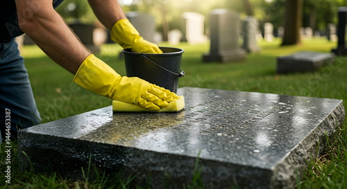 Cleaning a gravestone showing care and remembrance in a peaceful cemetery