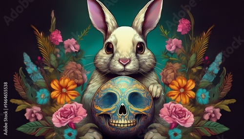 whimsical rabbit holding a decorated skull egg surrounded by beautiful flowers