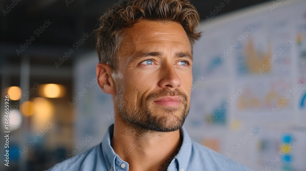Obraz premium Thoughtful man gazing, office backdrop