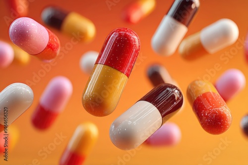 Assorted colorful capsules floating against an orange backdrop, medicine and healthcare concepts, pharmacological treatment, antibiotic