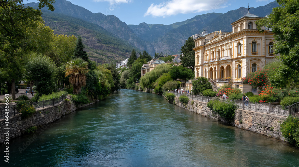 Naklejka premium Tranquil river flowing through a charming town, with buildings, trees, and mountains visible