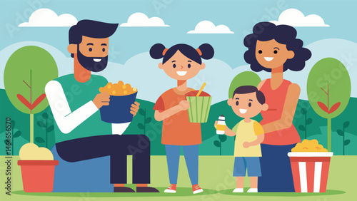 A family shares a bag of freshly popped popcorn while listening to the live band at a summer concert in the park.. Vector illustration