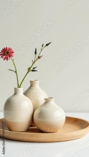 Wallpaper Mural Three small beige ceramic vases on light wood tray Scandinavian home decor , pottery, style Torontodigital.ca