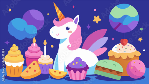 A mystical unicorn made out of cotton candy and ice cream cones reigns over a dessert spread of cookies cupcakes and brownies granting wishes for. Vector illustration