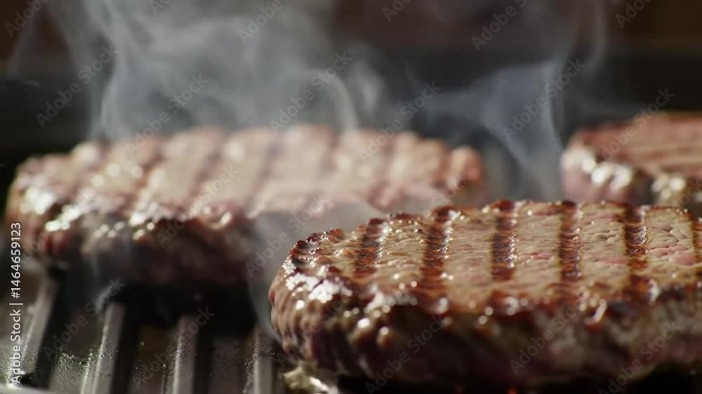 Juicy beef burger patties sizzling on a hot grill, with smoke rising and grill marks forming