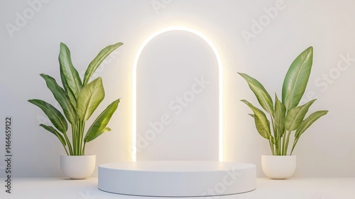 Podium stage motivation. Minimalist scene with two potted plants flanking a glowing arch and white round pedestal on a light background.