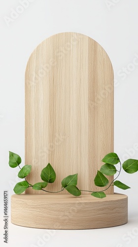 Podium stage motivation. Minimalist wooden pedestal with arch backdrop and green leaves, perfect for product display or natural-themed presentations.
