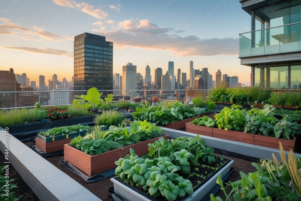 Fototapeta premium Rooftop Garden on Modern Building with Golden Hour Skyline