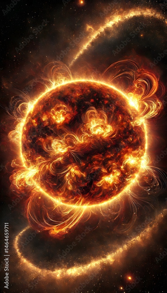 Fototapeta premium A breathtaking, high-resolution image of the sun with intense solar activity, featuring dramatic solar flares and swirling plasma loops