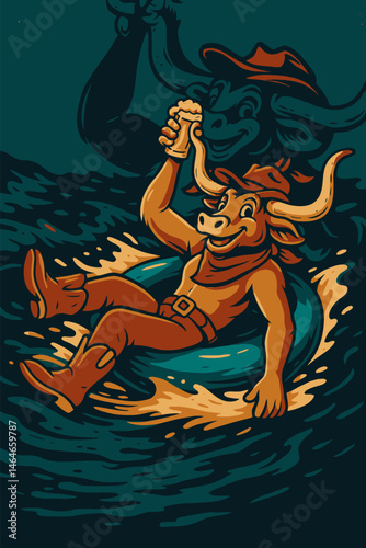 Cartoon Bull Relaxing on River Tube with Cowboy Hat and Beer