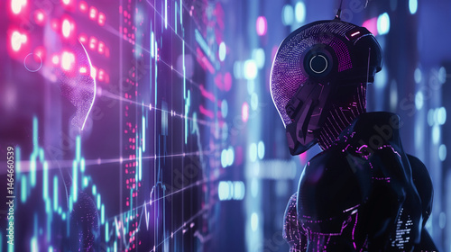 Futuristic humanoid robot analyzing financial data on AI-powered investment screen