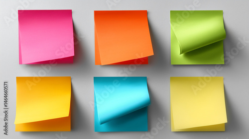 Six colorful sticky notes arranged on a light gray background surface