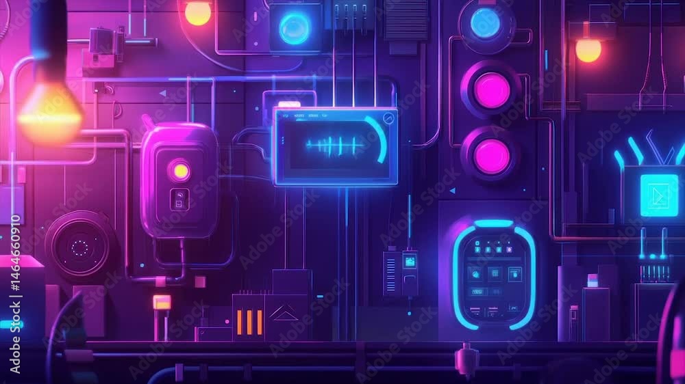 Futuristic, glowing electronic music production studio Futuristic, glowing electronic music production studio