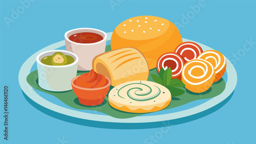 A platter of assorted rolls made with different flour blends and served with a variety of sweet and savory spreads like peach and ginger jam and. Vector illustration