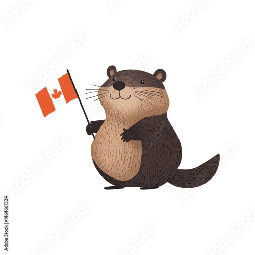 Cute cartoon beaver holding Canadian flag, isolated on white background. Use for Canada Day, tourism, or children's educational sites/blogs.