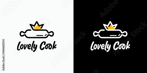 Vector logo design combination of rolling pin and crown shape with modern, simple, clean and abstract style. Icon for business, food and beverage, cooking and personal branding.