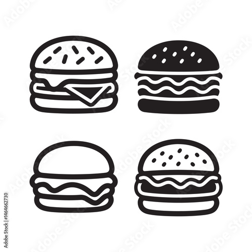 set of different types of burger icons vector outline and line art design illustrations