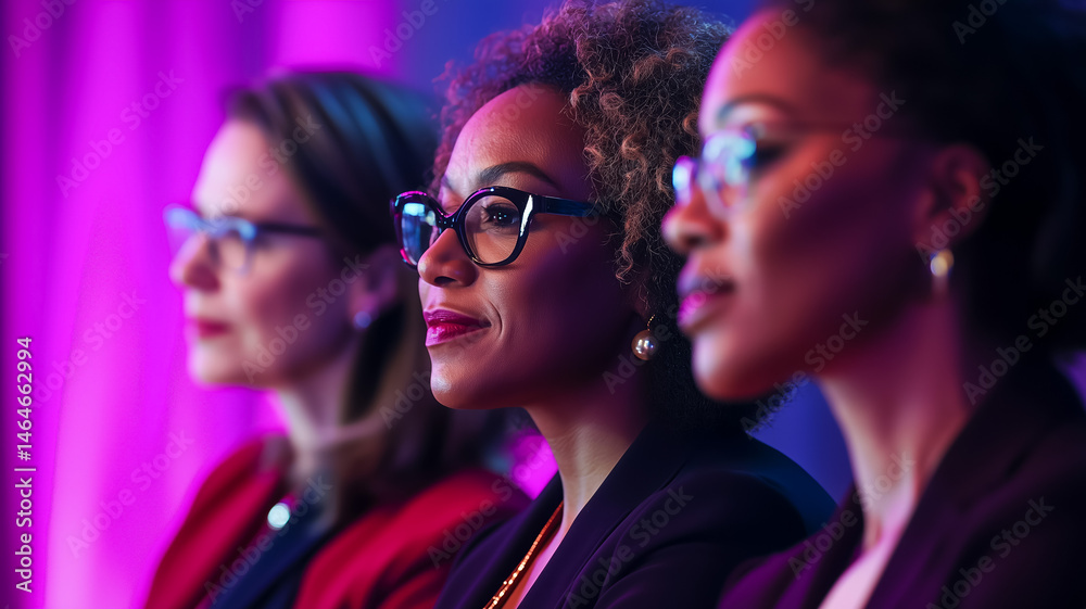 Obraz premium Three professional women listening intently during a conference event