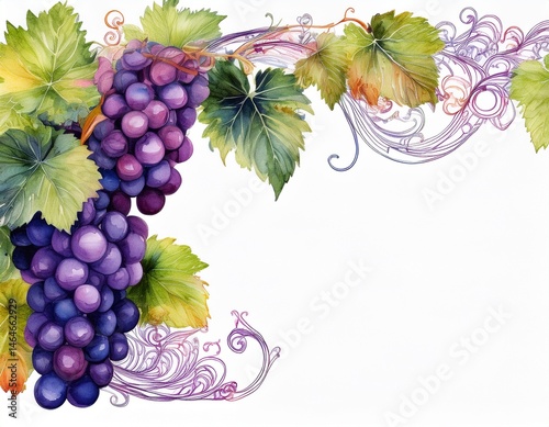 grapes vine watercolor corner border isolate