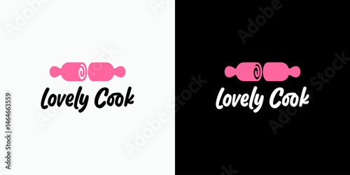Vector logo design combination of rolling pin and roll cake shape with modern, simple, clean and abstract style. Icon for business, food and drink, cooking and personal branding.