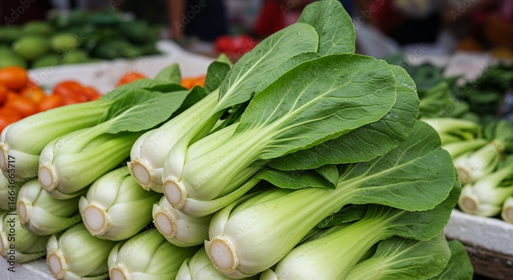 Fototapeta premium Fresh Bok Choy Stacked at Local Vegetable Market