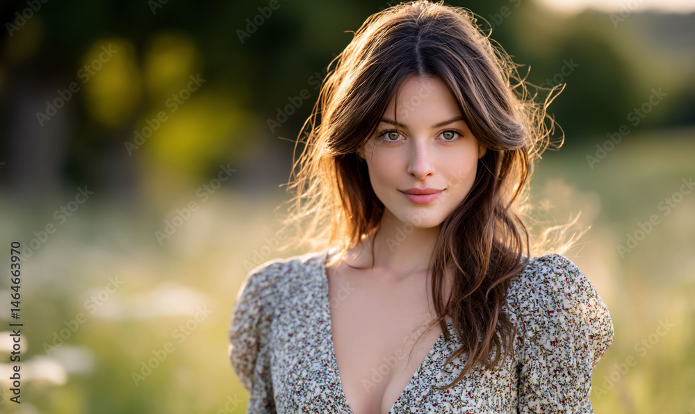 Naklejka premium Woman with gentle eyes, sunlight on her hair, in a flowery dress, serene background