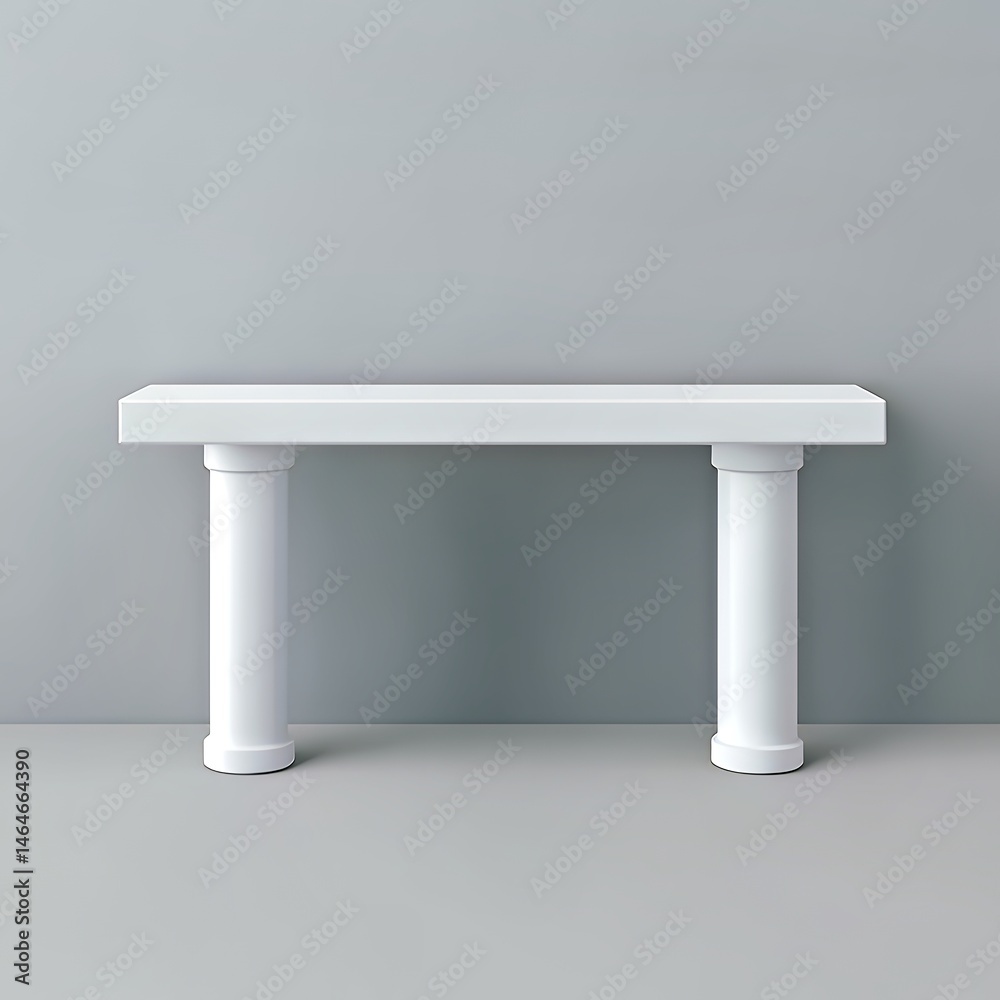 Minimalist white table with column-style legs against a soft gray wall. Minimalist white table with column-style legs against a soft gray wall.