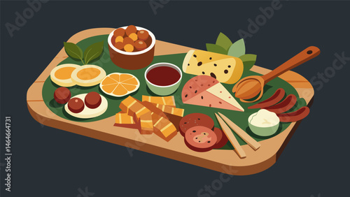A girls night in was elevated by a stunning charcuterie board boasting a variety of cured meats tangy pickles and crunchy breadsticks.. Vector illustration
